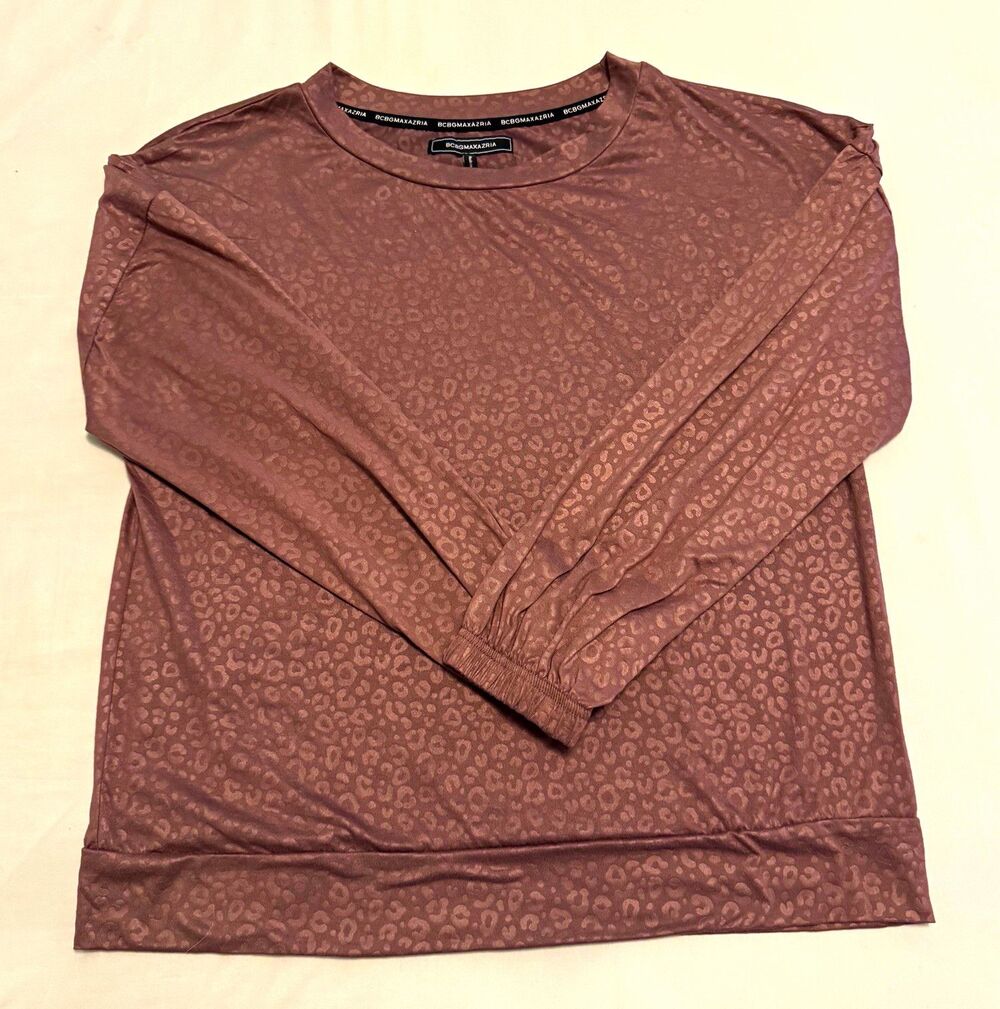 BCBGMAXAZRIA Purple Leopard Print Knit Crew Neck Long Sleeve Pullover Top L